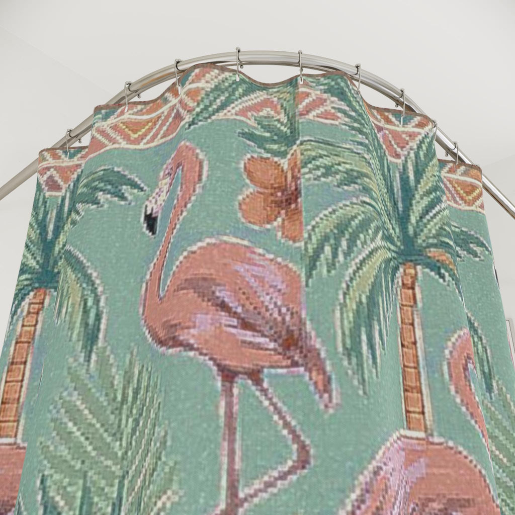 Tropical Flamingo Pattern Shower Curtain | Palm Trees, Hibiscus