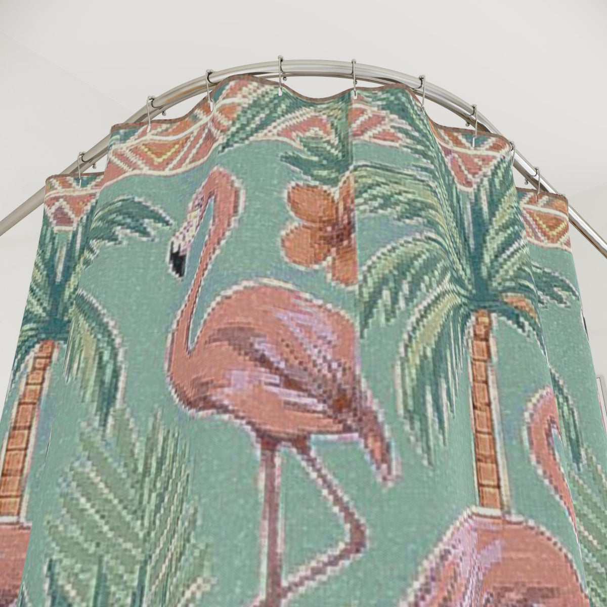 Tropical Flamingo Pattern Shower Curtain | Palm Trees, Hibiscus