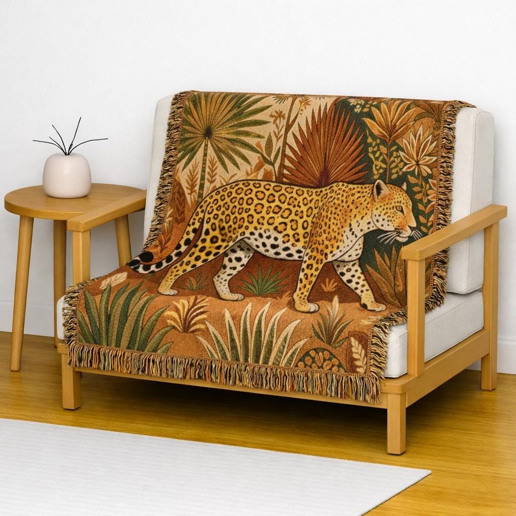 Leopard Tapestry Woven Blanket | Jungle Botanical Motif, Boho Throw