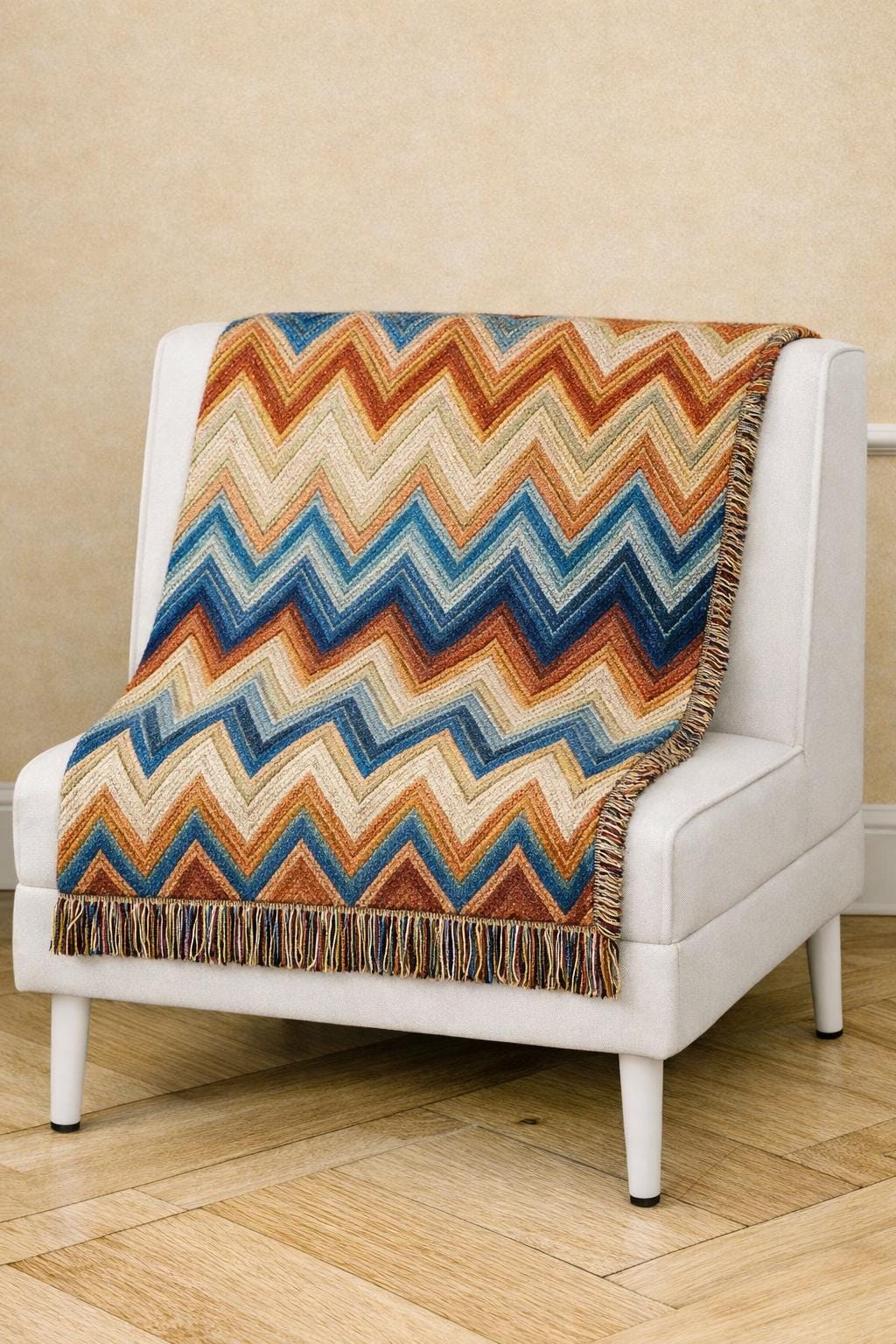 Chevron Aztec Pattern Woven Blanket | Southwestern Throw, Fringe Edge