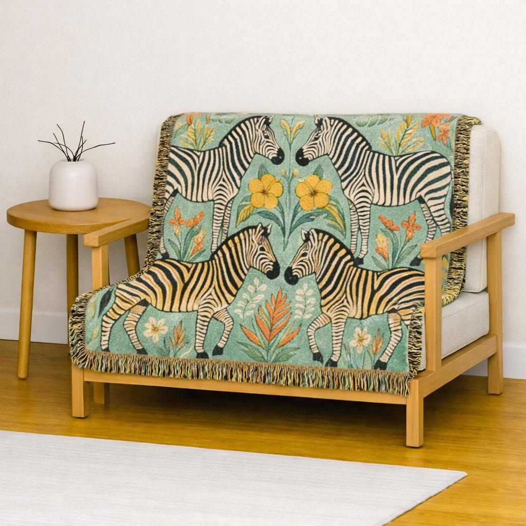 Zebra Folk Art Woven Blanket | Decorative Animal Throw, Boho Safari Pattern