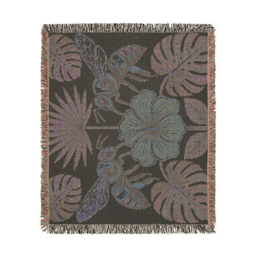 Hibiscus and Bees Woven Blanket | Tropical Floral Throw