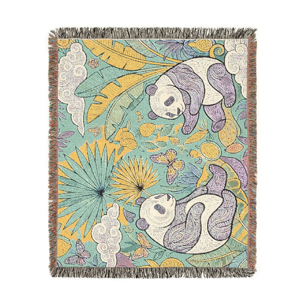 Panda Floral Tapestry Woven Blanket | Jungle Leaves, Sunflower Motif