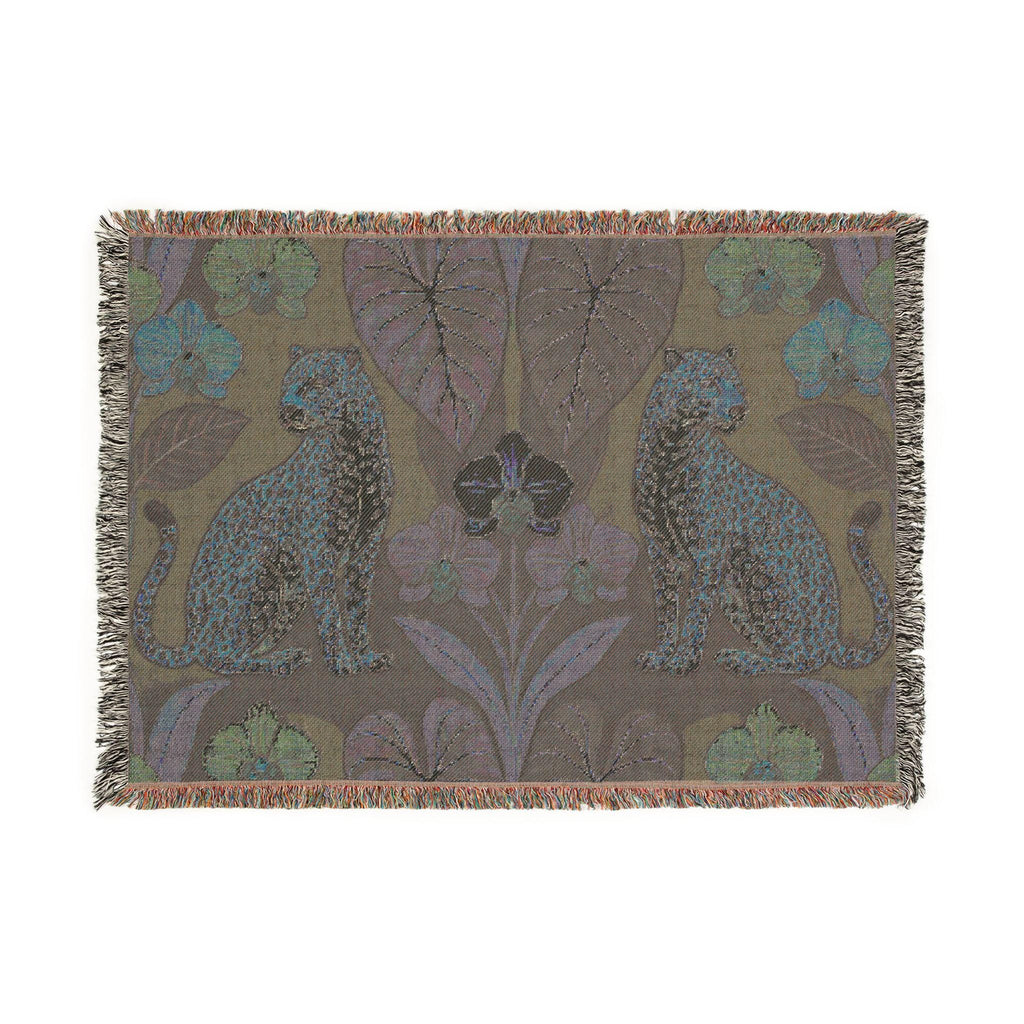 Leopard Botanical Woven Blanket | Tropical Leaves, Orchid Motif