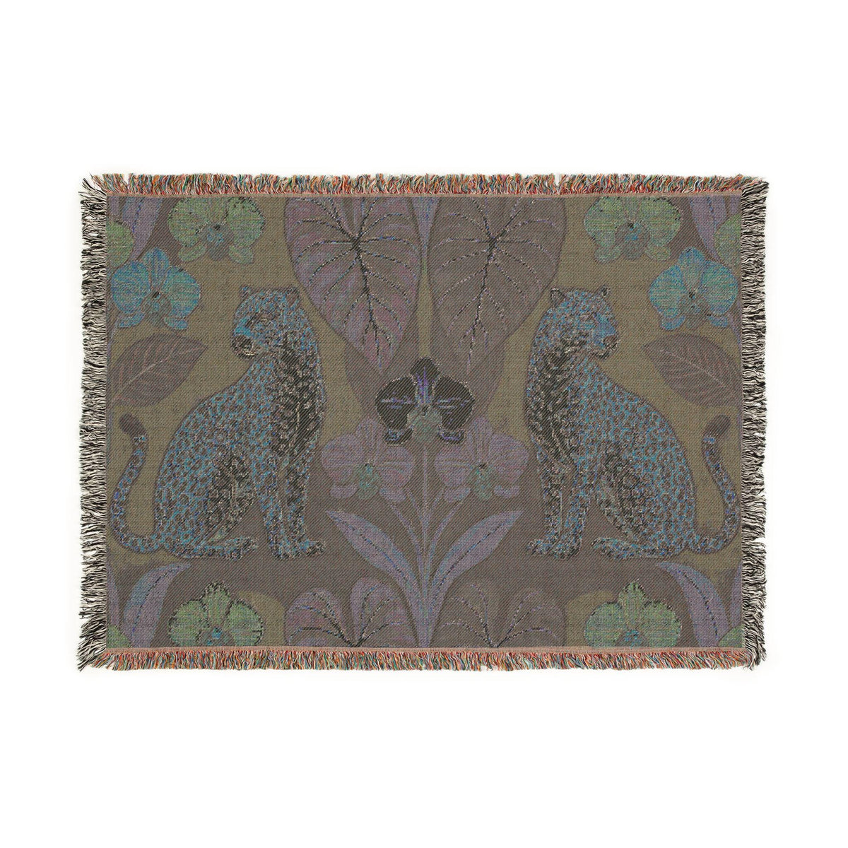 Leopard Botanical Woven Blanket | Tropical Leaves, Orchid Motif