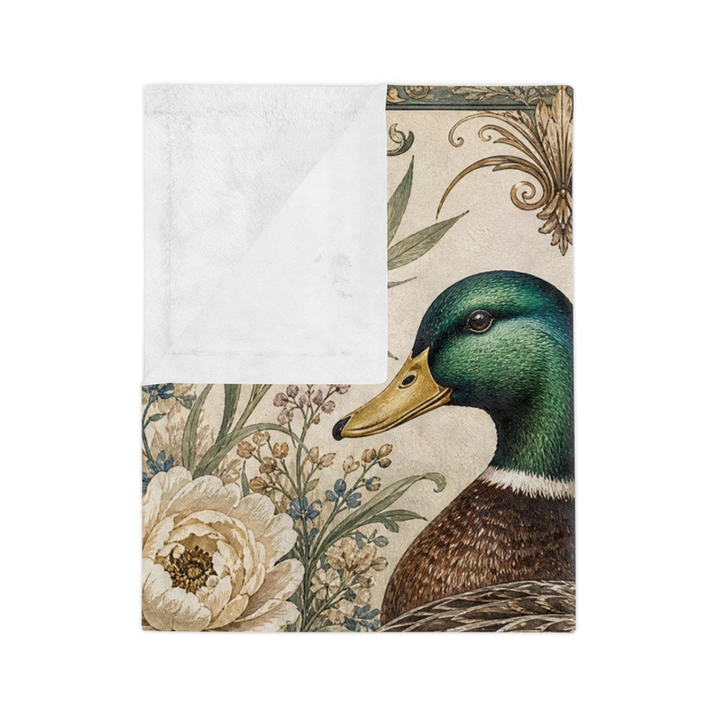 Mallard Duck Floral Illustration Velveteen Microfiber Blanket | Vintage Botanical