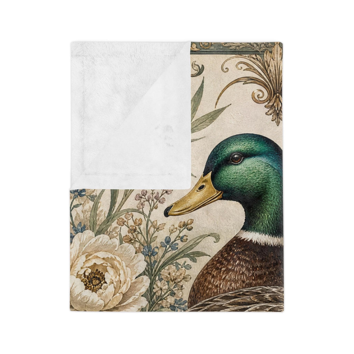 Mallard Duck Floral Illustration Velveteen Microfiber Blanket | Vintage Botanical