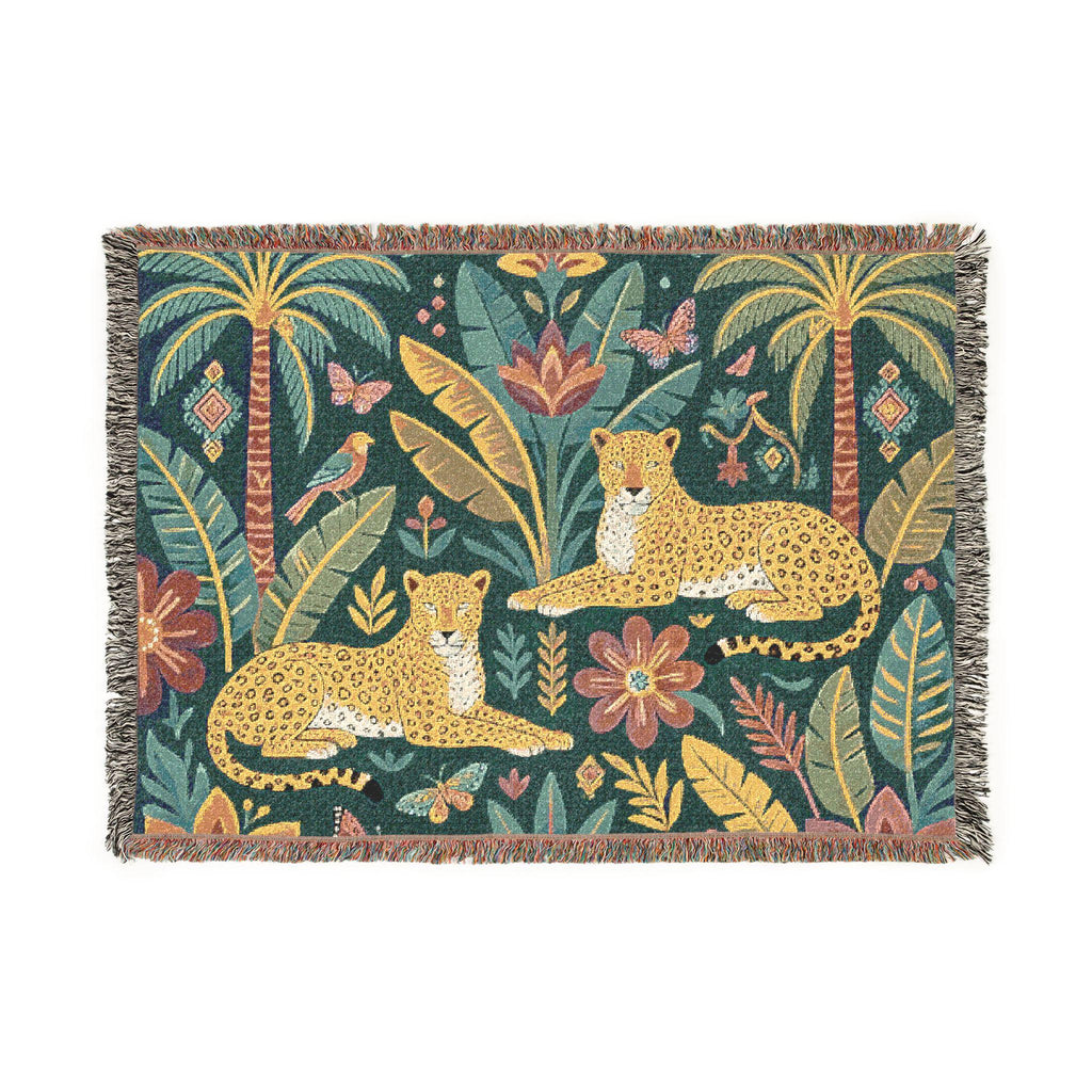Tropical Leopard Tapestry woven blanket | jungle palm motif, floral tapestry throw