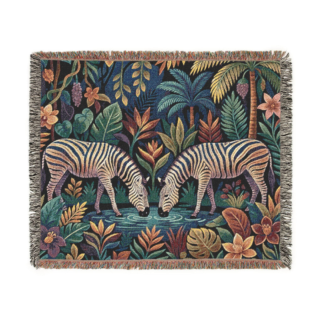 Zebra Jungle Scene Woven Blanket | Tropical Animal Tapestry Throw