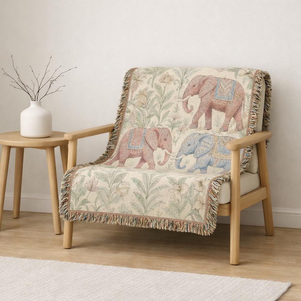 Boho Elephants Woven Blanket | Tapestry Animal Throw
