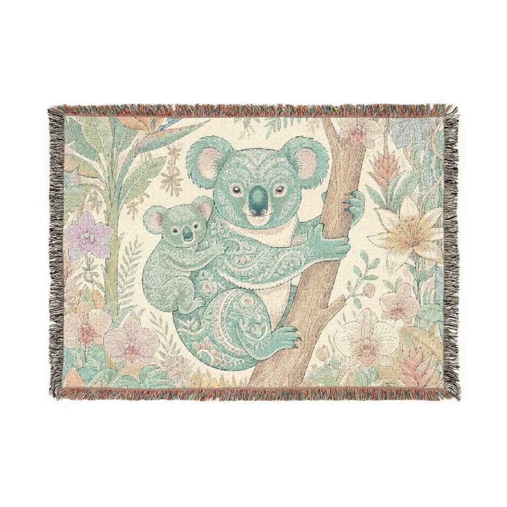 Koala Mother and Baby Woven Blanket | Botanical Nursery Throw, Woodland Animal Decor