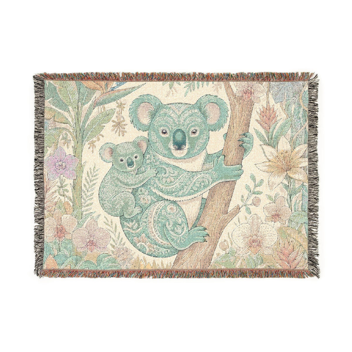 Koala Mother and Baby Woven Blanket | Botanical Nursery Throw, Woodland Animal Decor