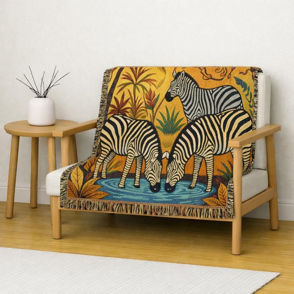 Zebra Tapestry Woven Blanket | Safari Animal Throw, Decorative Fringe Blanket
