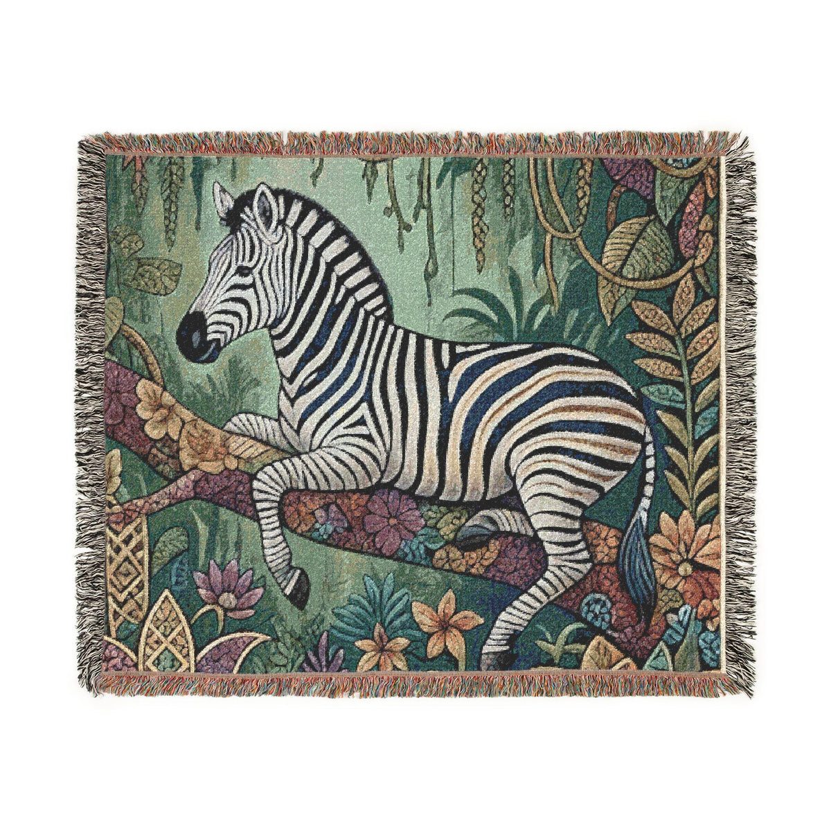 Zebra Tapestry Woven Blanket | Jungle Flora Pattern, Fringe Throw