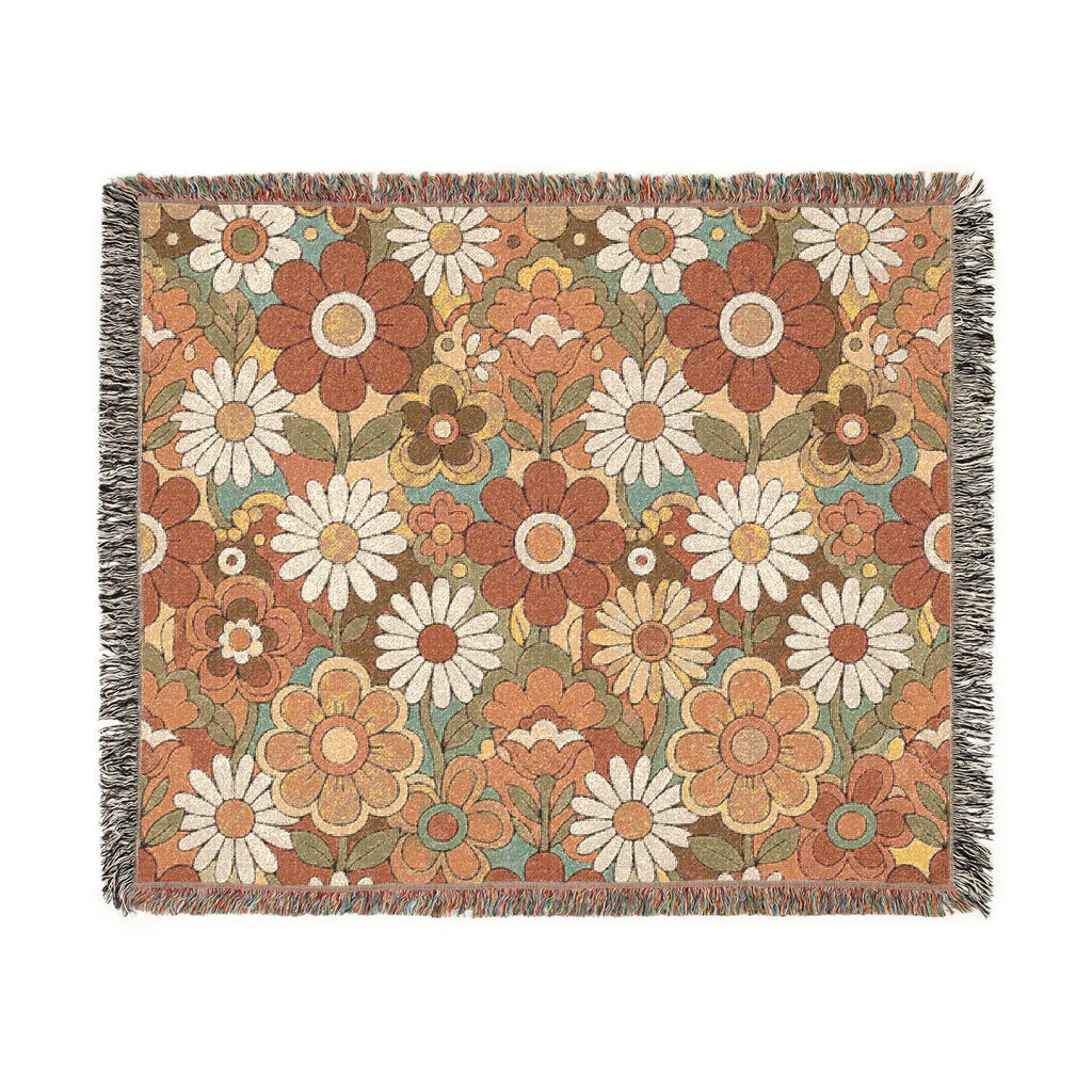Retro Floral Woven Blanket | Vintage Flower Pattern Throw
