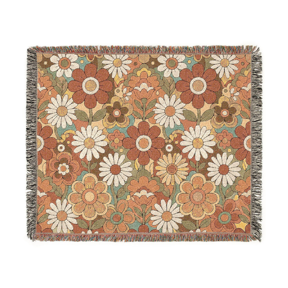 Retro Floral Woven Blanket | Vintage Flower Pattern Throw