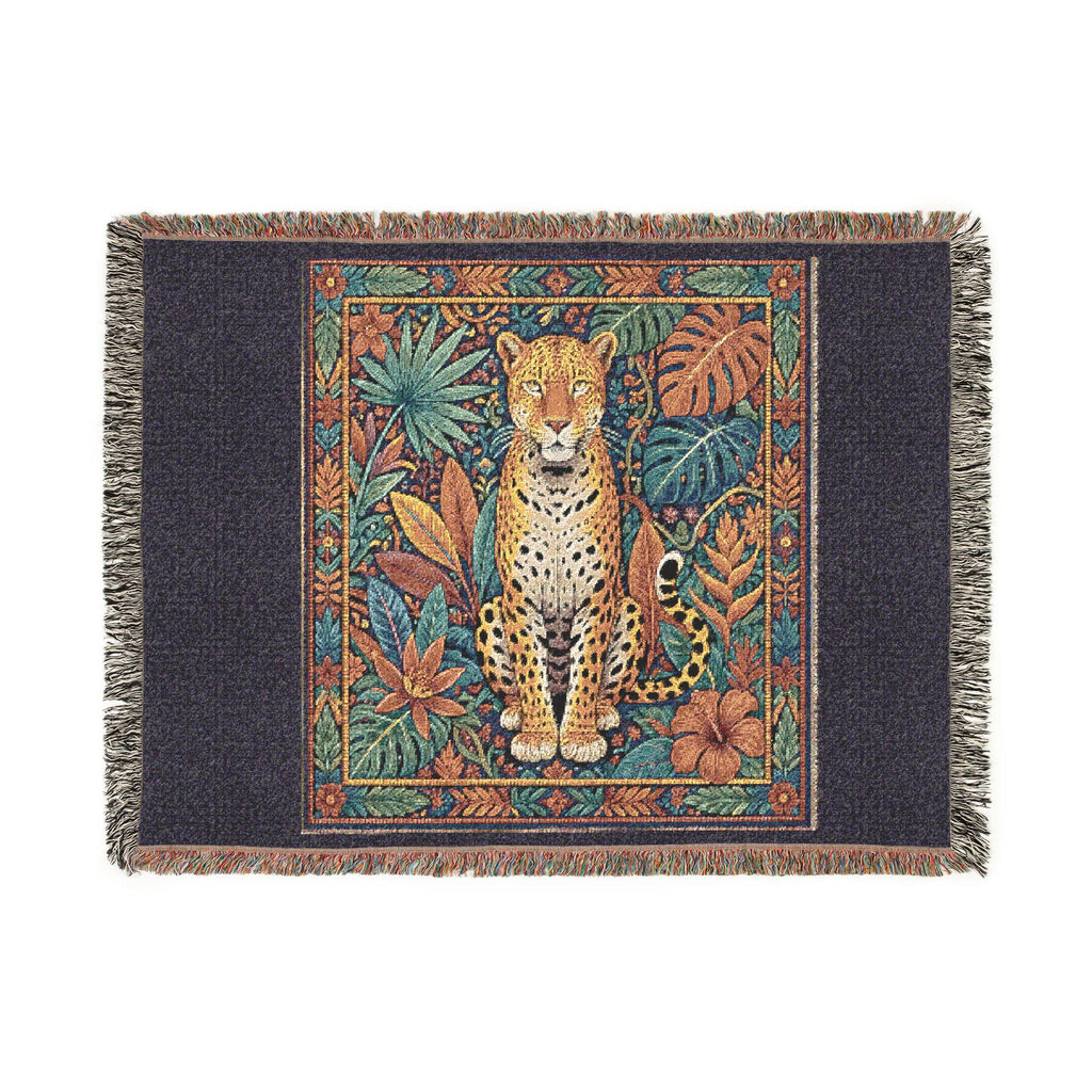 Vintage Mosaic Cheetah Woven Blanket | Jungle Leaves Tapestry Throw