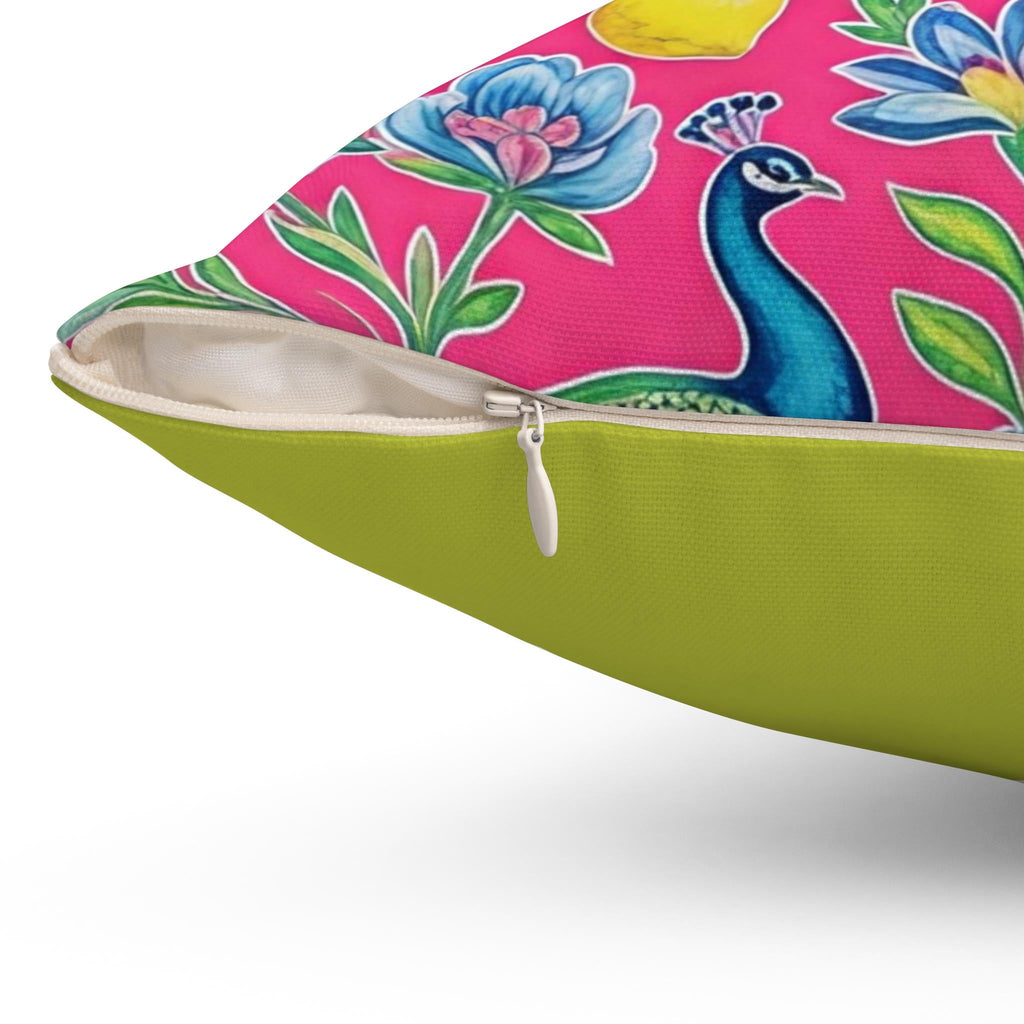 Peacock Lemon Floral Pillow | Bright Pink Decorative Throw Pillow