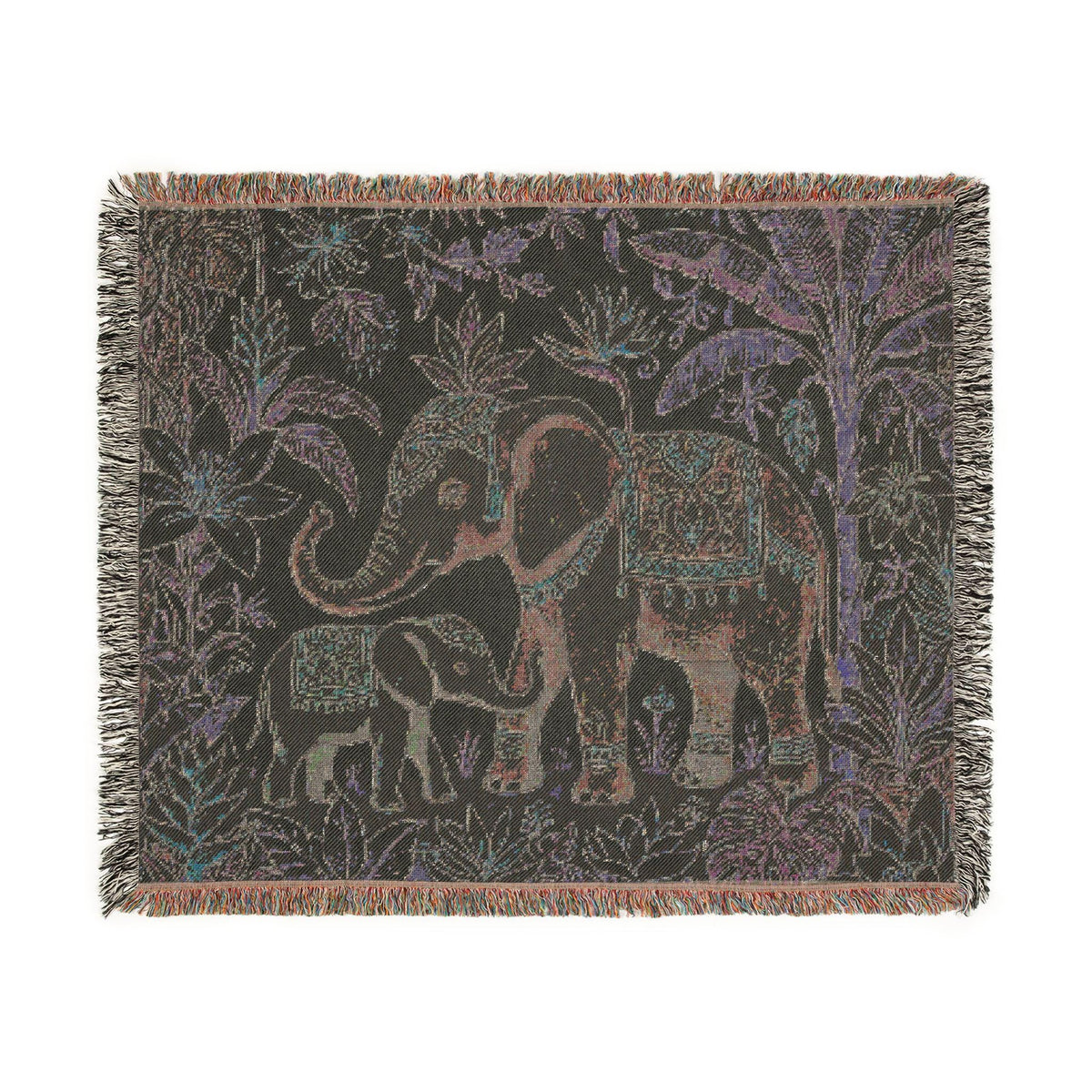Boho Elephant Family Woven Blanket | Tapestry Throw, Jungle Floral