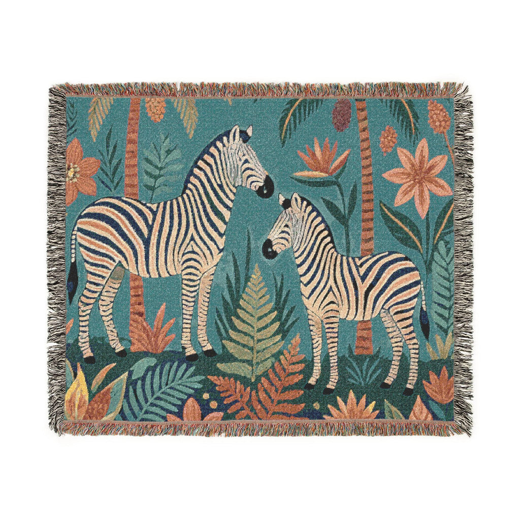 Zebra Jungle Illustration Woven Blanket | Animal Tapestry Throw