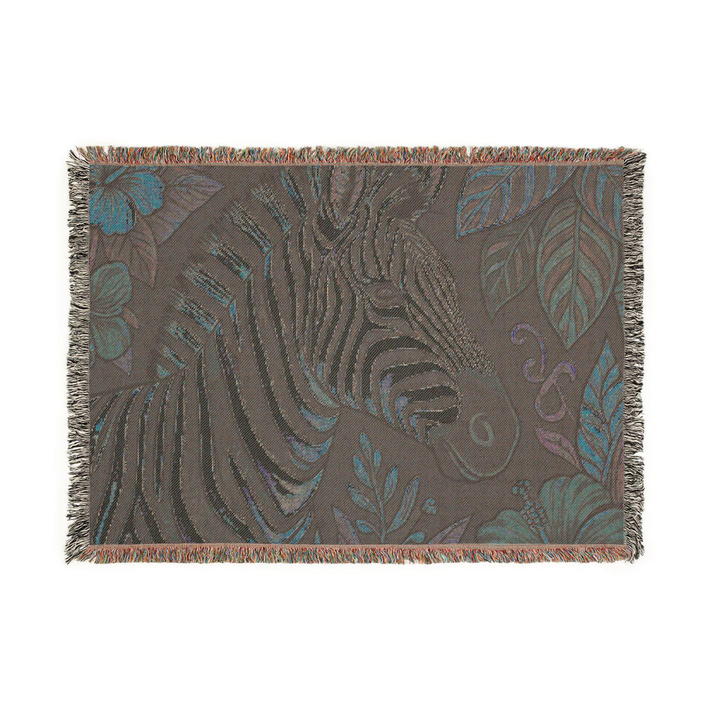 Zebra Illustration Woven Blanket | Botanical Leaves Tapestry Throw