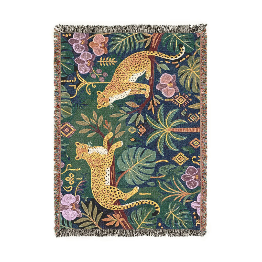 Jungle Leopard Tapestry Woven Blanket | Tropical Foliage Throw