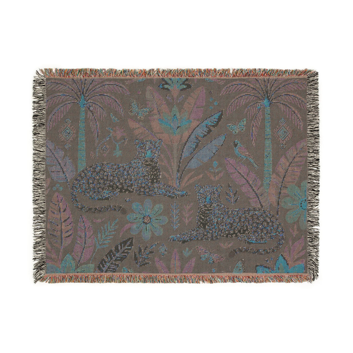 Tropical Leopard Tapestry woven blanket | jungle palm motif, floral tapestry throw