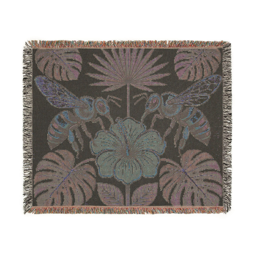 Hibiscus and Bees Woven Blanket | Tropical Floral Throw