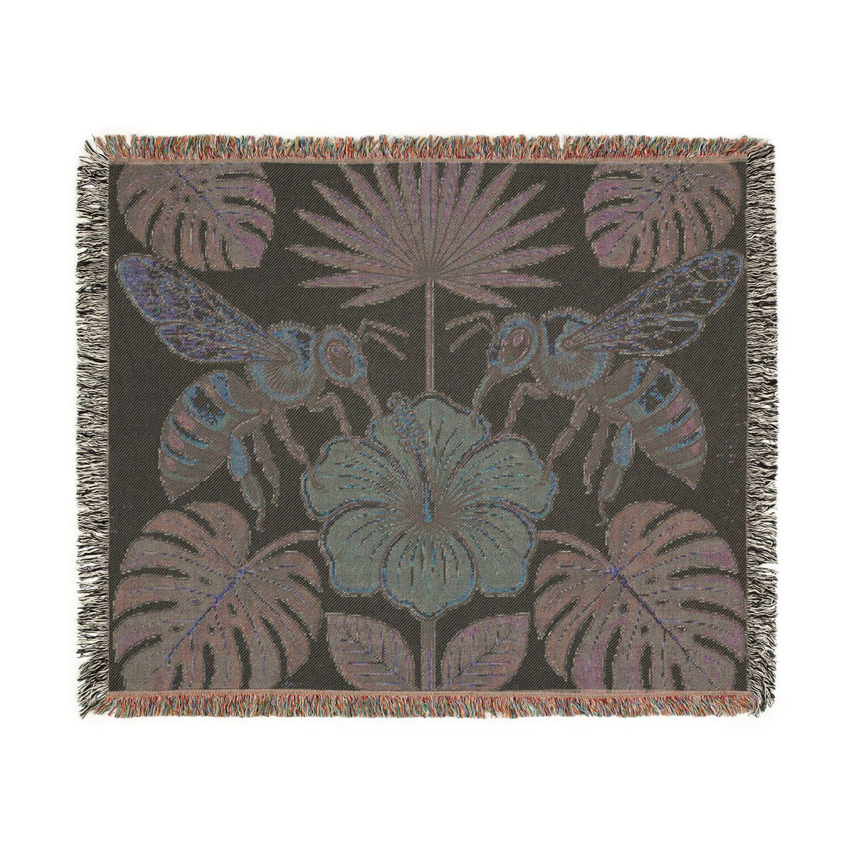 Hibiscus and Bees Woven Blanket | Tropical Floral Throw