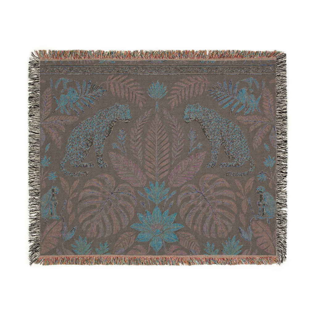Tropical Leopard Jungle Woven Blanket | Botanical Throw, Tapestry Style