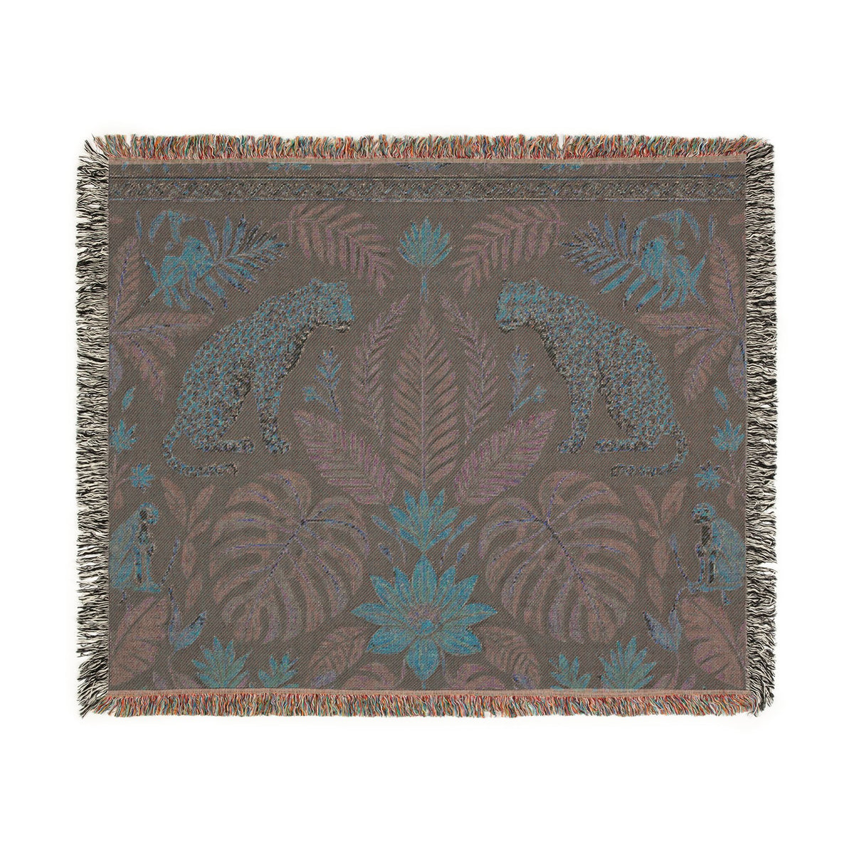 Tropical Leopard Jungle Woven Blanket | Botanical Throw, Tapestry Style