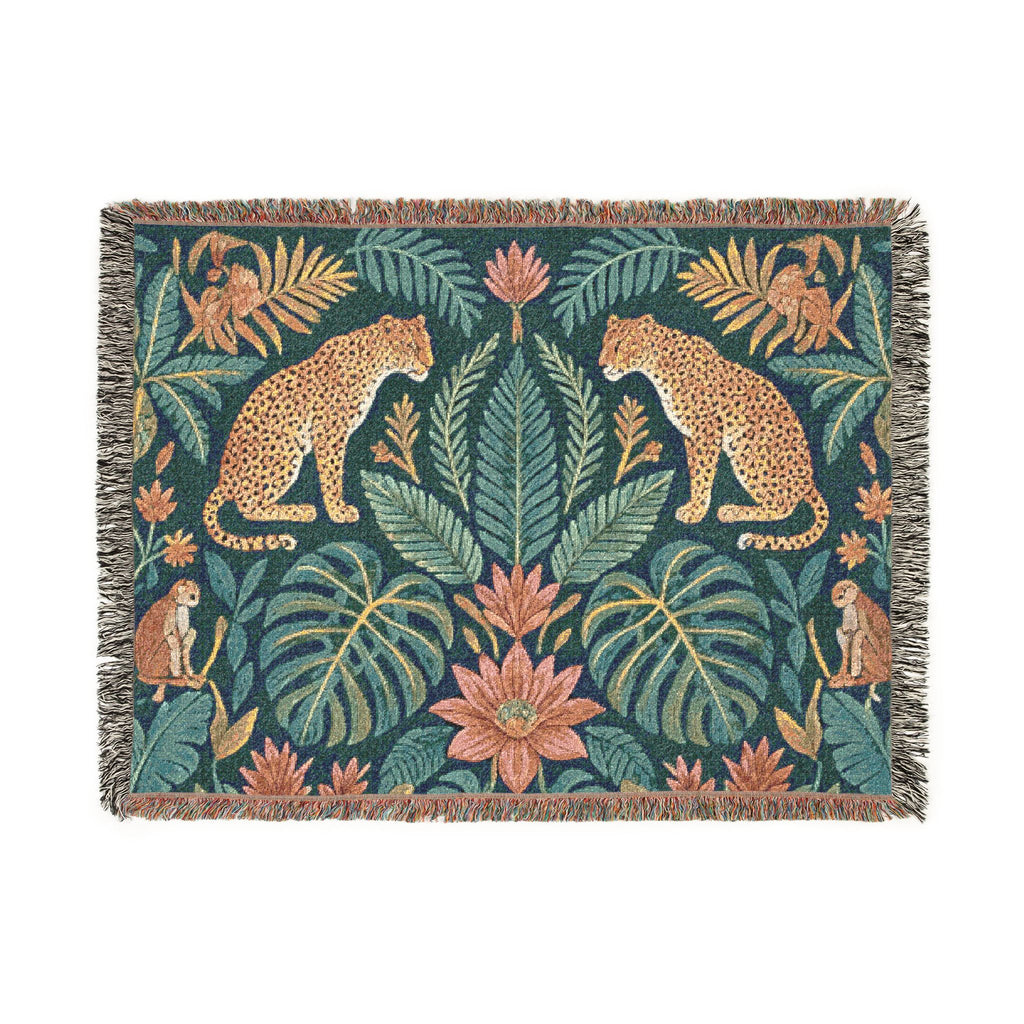 Tropical Leopard Jungle Woven Blanket | Botanical Throw, Tapestry Style