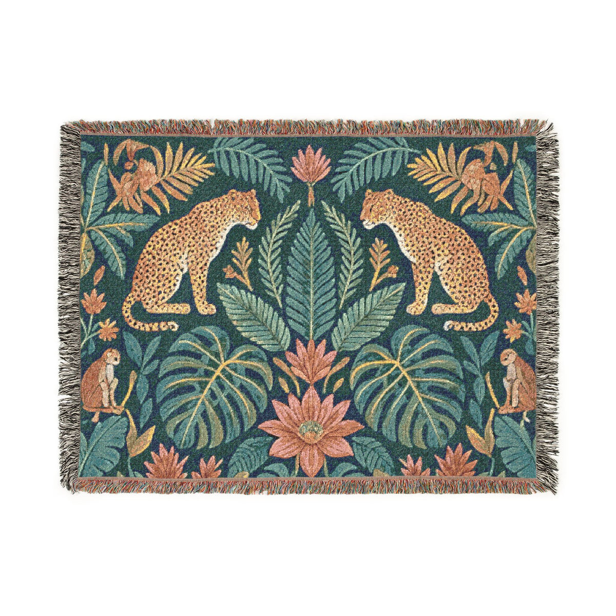 Tropical Leopard Jungle Woven Blanket | Botanical Throw, Tapestry Style
