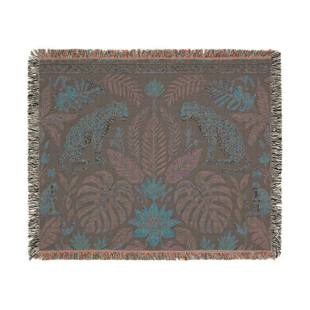 Tropical Leopard Jungle Woven Blanket | Botanical Throw, Tapestry Style