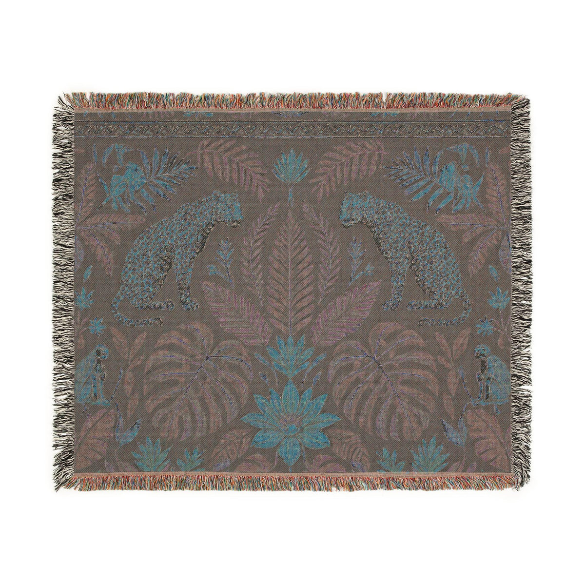 Tropical Leopard Jungle Woven Blanket | Botanical Throw, Tapestry Style