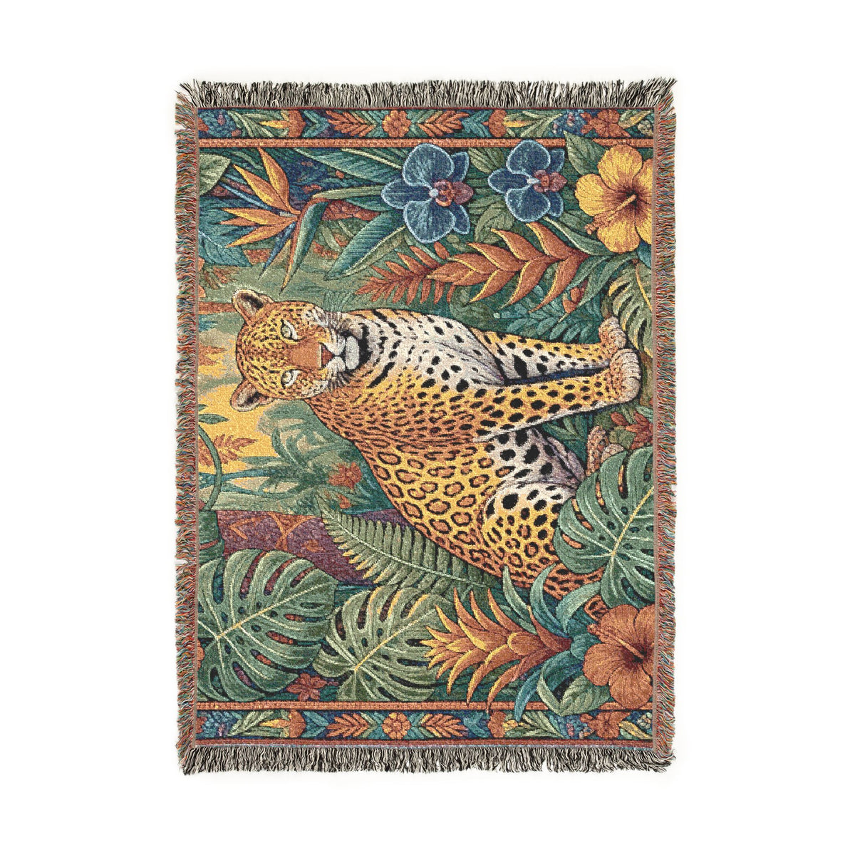 Jungle Leopard Woven Blanket | Tropical Animal Tapestry Throw