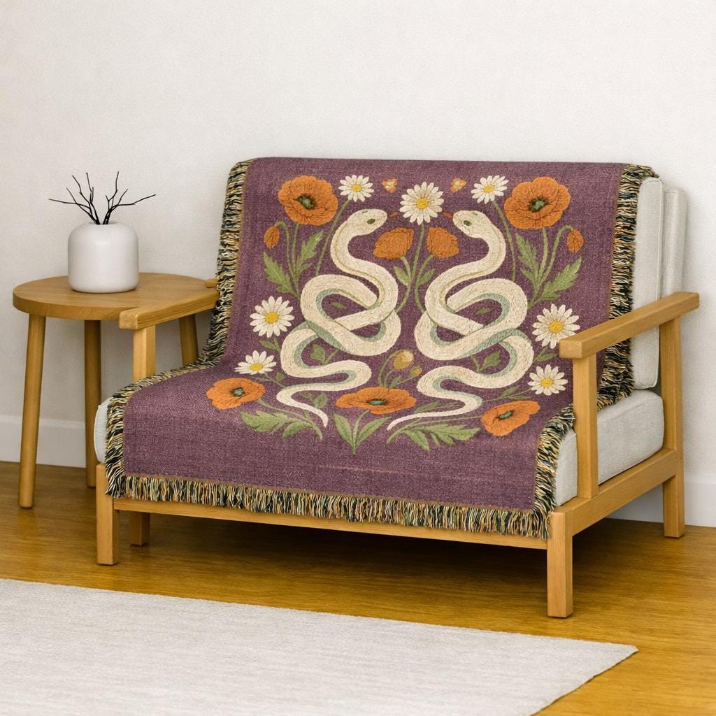 Floral Snakes Woven Blanket | Botanical Serpent Throw, Boho Tapestry