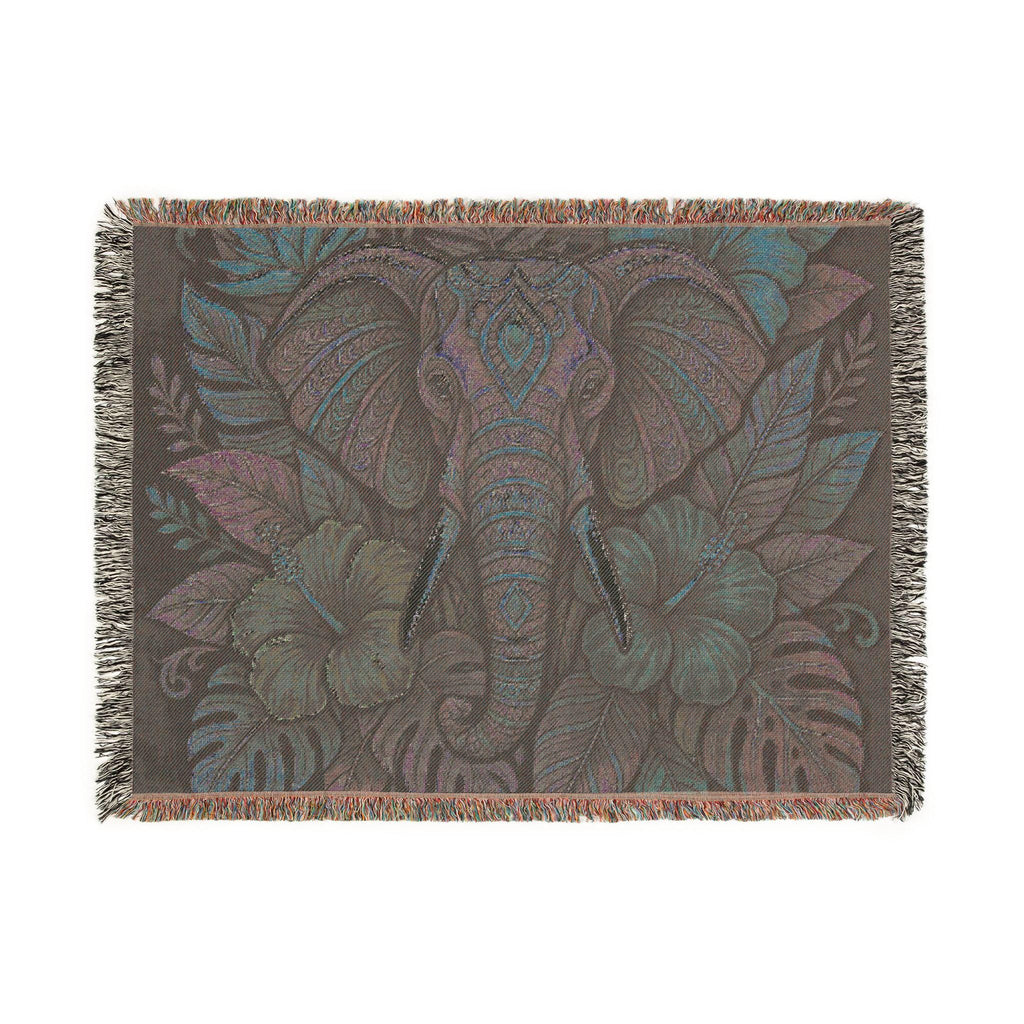 Colorful Boho Elephant Woven Blanket | Floral Tribal Elephant Throw