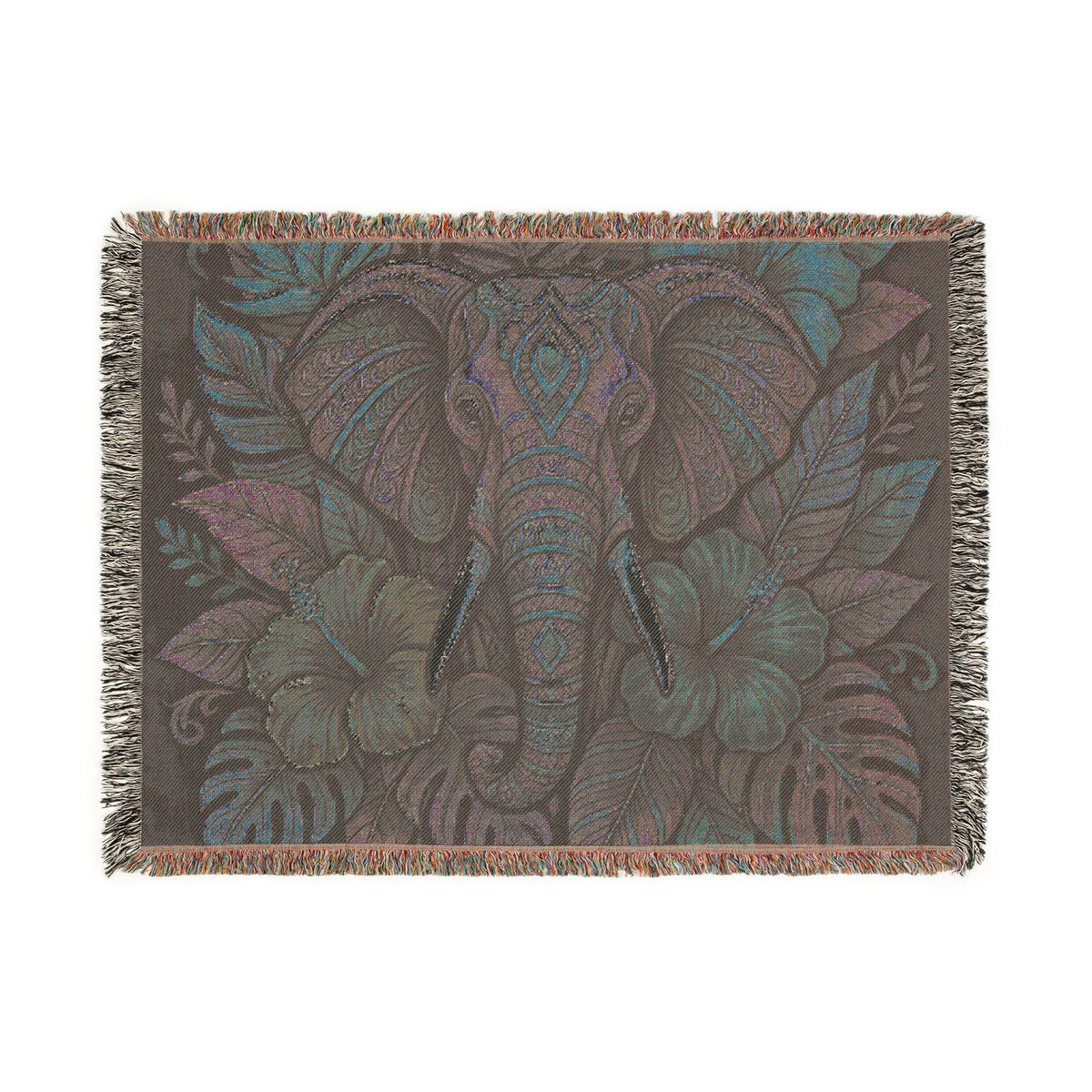 Colorful Boho Elephant Woven Blanket | Floral Tribal Elephant Throw
