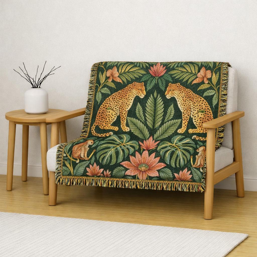 Tropical Leopard Jungle Woven Blanket | Botanical Throw, Tapestry Style