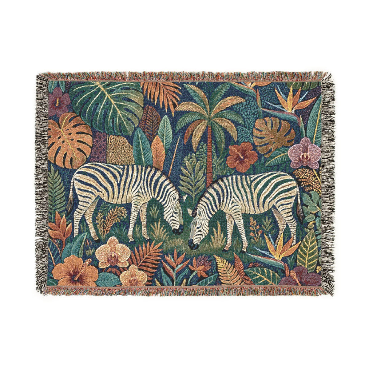 Tropical Zebra Jungle Woven Blanket | Botanical Palm Leaves, Floral Tapestry Throw