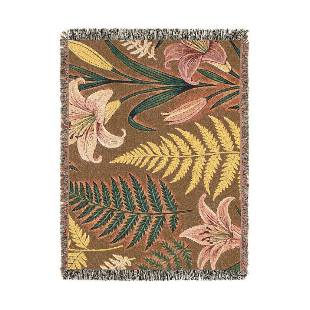 Vintage Botanical Ferns and Lilies Woven Blanket | Tapestry Throw