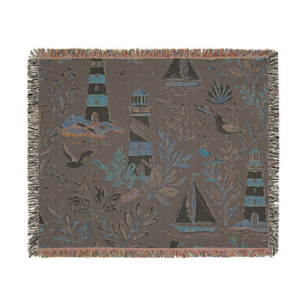 Nautical Lighthouse Sailboat Woven Blanket | Coastal Ocean Throw