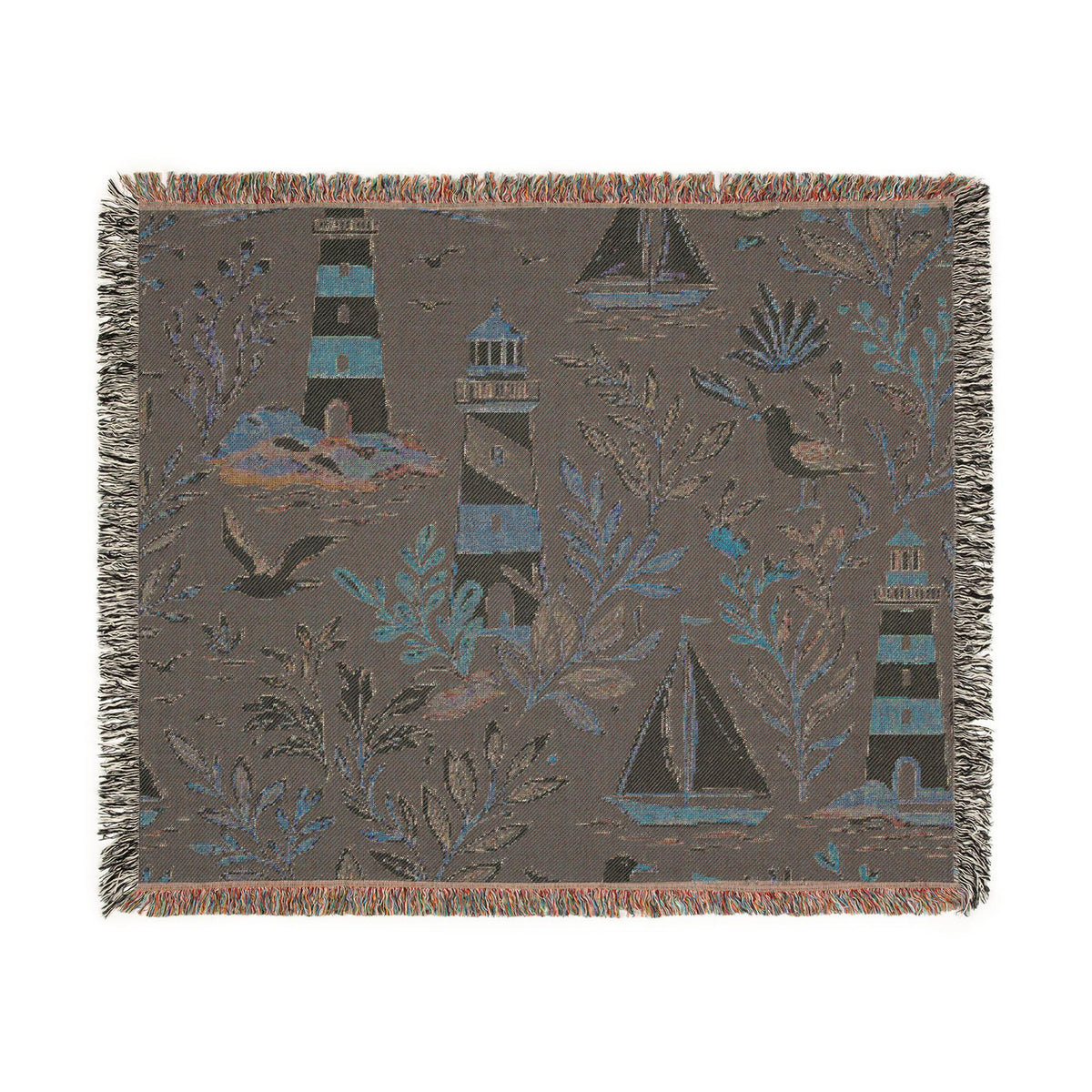 Nautical Lighthouse Sailboat Woven Blanket | Coastal Ocean Throw