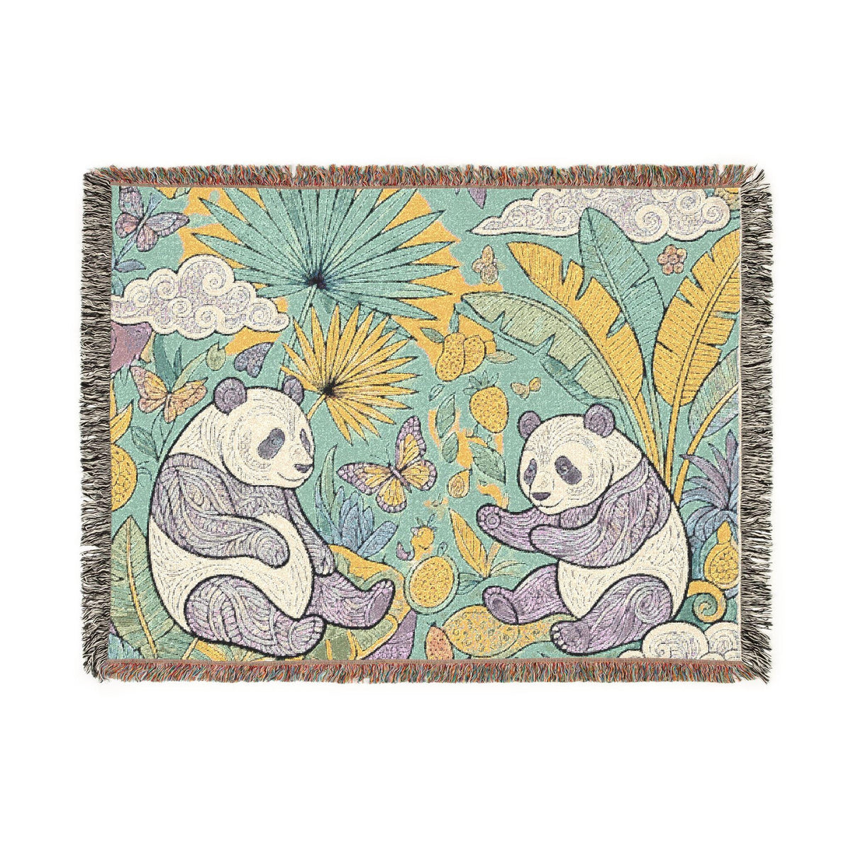 Panda Floral Tapestry Woven Blanket | Jungle Leaves, Sunflower Motif