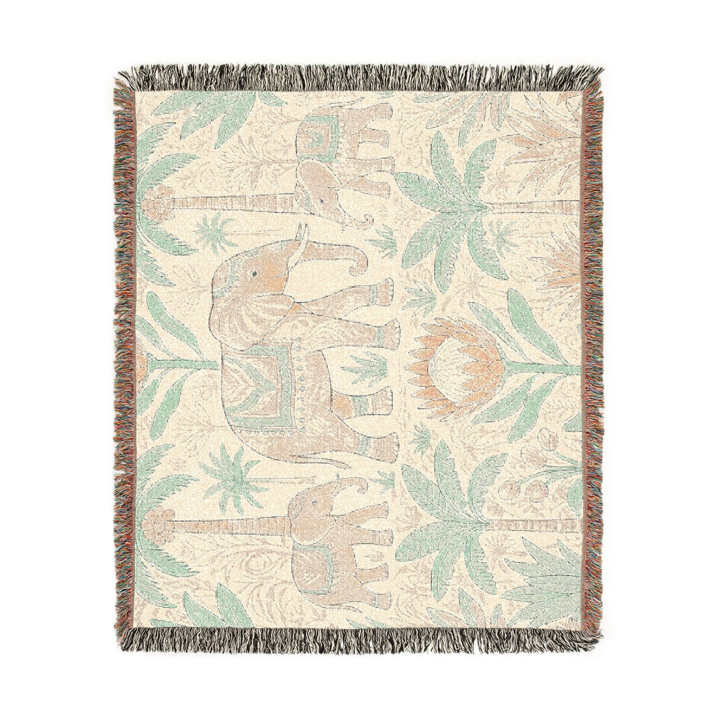Boho Elephant Family Woven Blanket | Tropical Palm Tapestry Throw