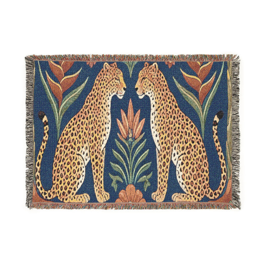 Two Sitting Leopards Woven Blanket | Botanical Motif, Tapestry Throw