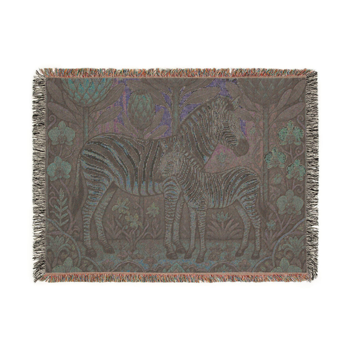 Zebra Mother and Foal Woven Blanket | Floral Tapestry Throw