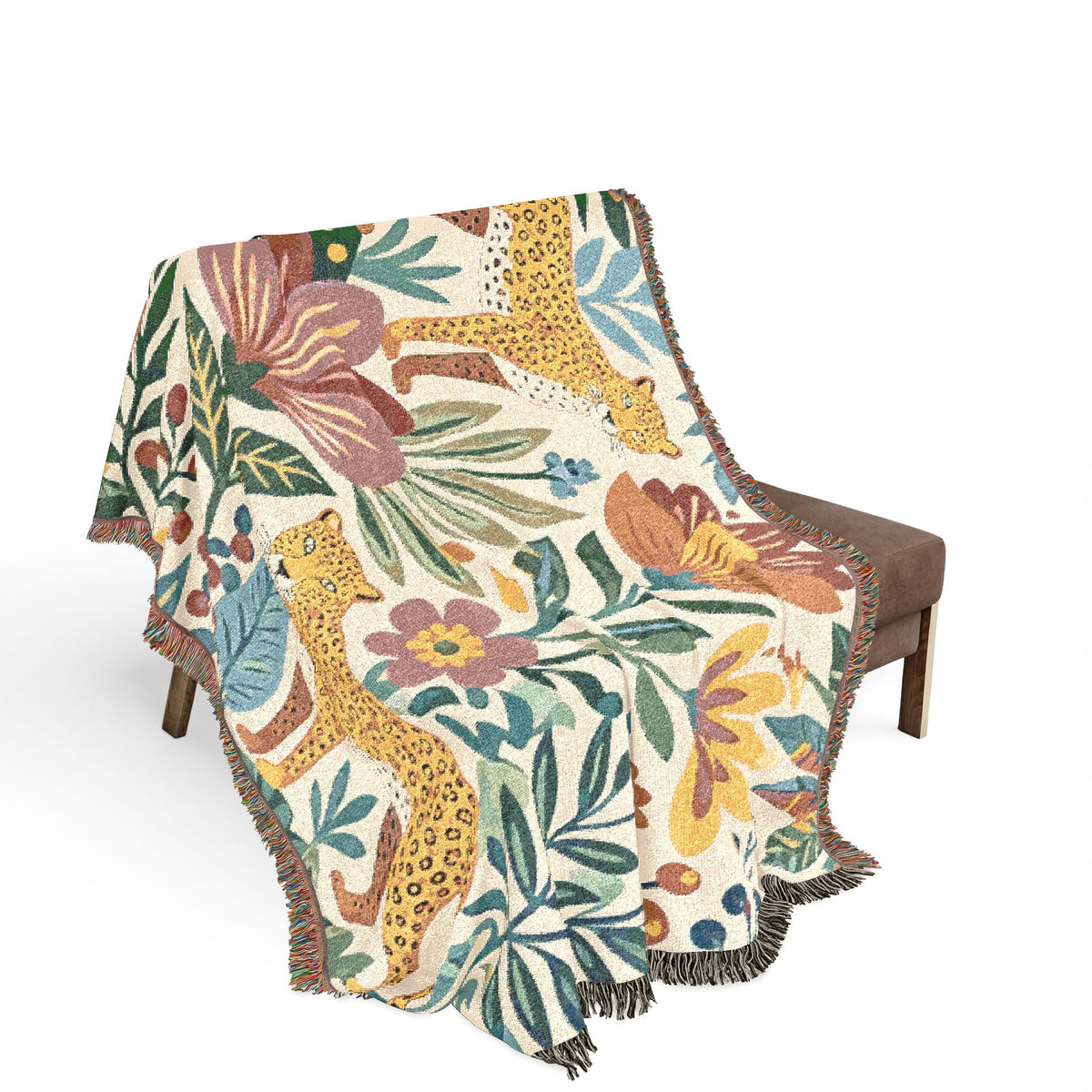 Floral Leopard Pattern Woven Blanket | Botanical Jungle Throw