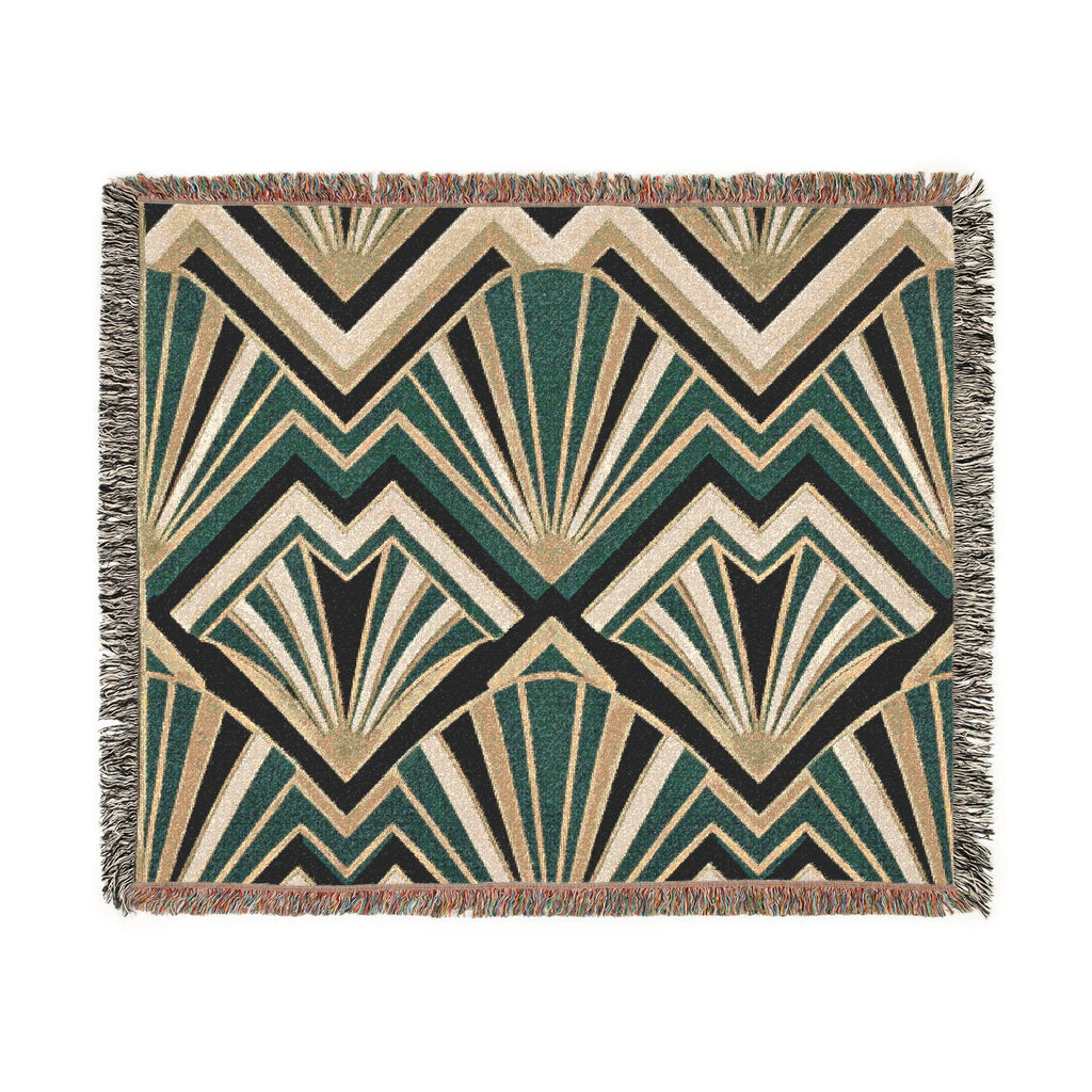 Art Deco Fan Pattern Woven Blanket | Geometric Throw, Retro Chevron Design
